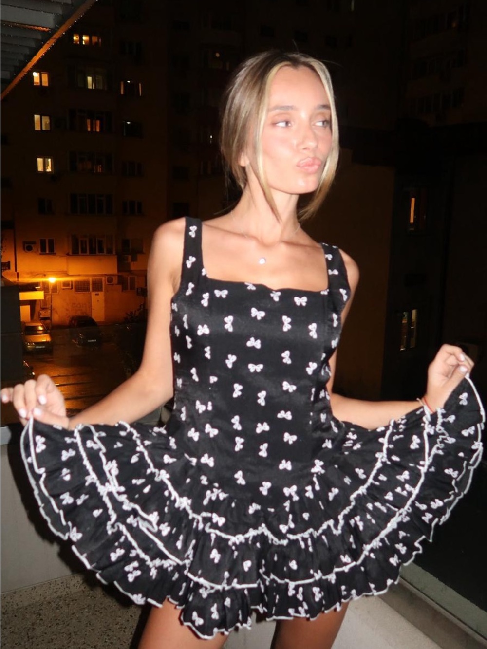 Black Ribbon Print Ruffle Mini Dress - Picture 2 of 6